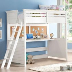 SHABBY CHIC CHARM WHITE FINISH TWIN SIZE LOFT BED CORK BOARD DESK - LITERA ESCRITORIO
