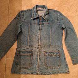 Vintage 1970s Levis 70(contact info removed) Denim Jacket // Chore Long Coat // Orange Blank Tab // Talon Zipper - Mens Size L

