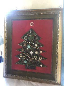 Vintage, unique ornate wood, framed Christmas tree with Seaglass and Jewels