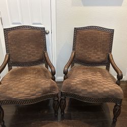 Pair of Ornate Vintage Carved Wood Armchairs – Elegant Upholstery & Timeless Charm