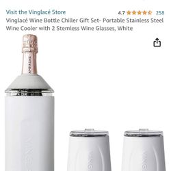 Vinglacé Wine Bottle Chiller Gift Set- Portable Stainless Steel Wine Cooler with 2 Stemless Wine Glasses, White