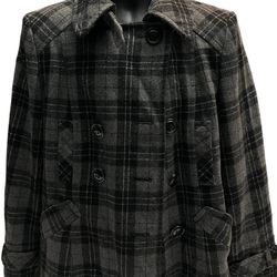 Giacca Women’s Plaid Wool Blend Peacoat Jacket Large Gray Double Breasted Coat