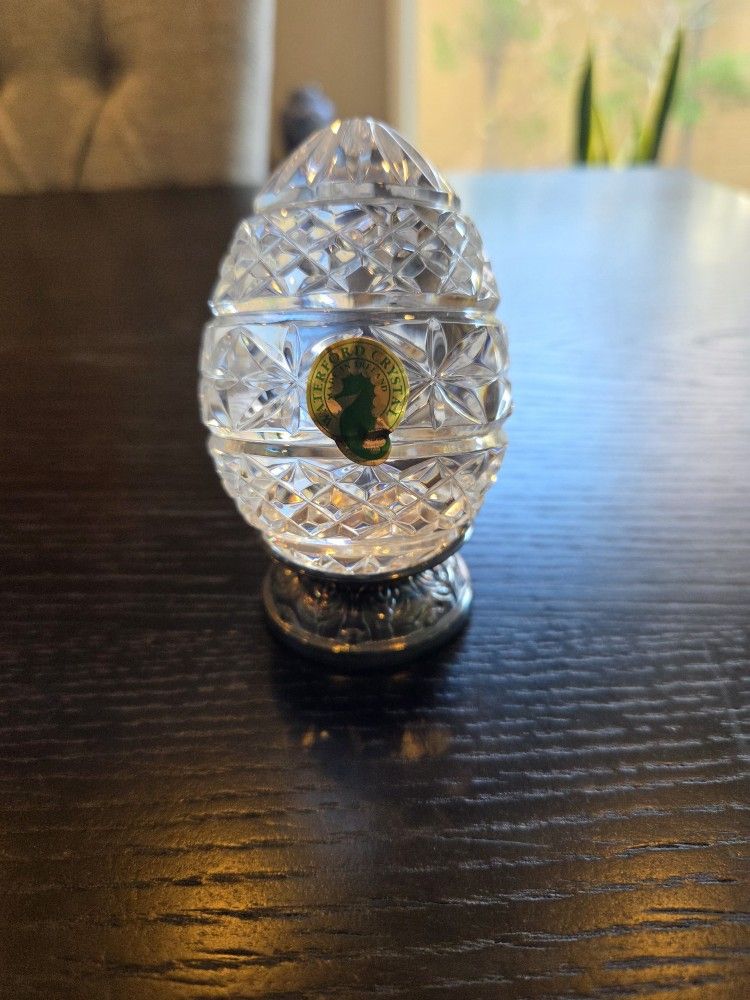 Waterford Crystal Egg Paperweight on a silver-plated stand