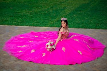 Fusion Pink Quinceañera with Gold Embroidery