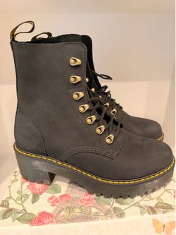 NEW Dr. Martens Leona Combat Boot Leather Black Milled Nubuck Womens 8 Lace Up