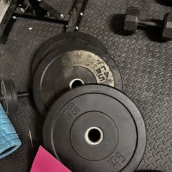 Bumper Plates, Bench, Squat Rack, And Bar 