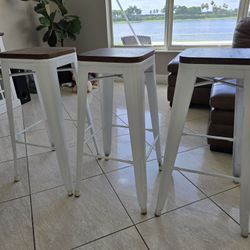 3 Wooden Top Barstools/ White Metal & Wood