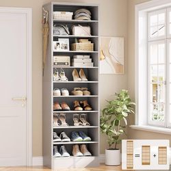 1877b  Narrow Shoe Cabinet, 10 Tiers Tall Wood Shoe Rack, Shoe Storage Organizer with Open Storage, Vertical Shoe Shelf Tower for 20-22 Pairs, Space S