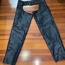 Black Leather Motorcycle Chaps – Great Condition – Adjustable Waist