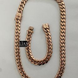 New 18k Rose Gold Filled Cuban Link Chain And Bracelet 