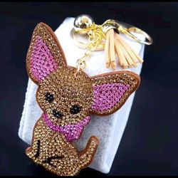 🐾 New! Brown & Pink Crystal Rhinestones Chihuahua Dog Keychain Purse Charm w Tassel