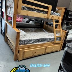 Natural Solid Wood Bunk Bed Twin/Full/Full Size Complete Set