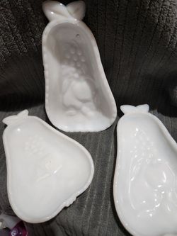 Vintage 3 Pc 1950's Hazel Atlas Pear Shape Milk Glass with Fruit Design