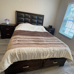 Wood and leather queen bed with two night stands, Excellent Condition