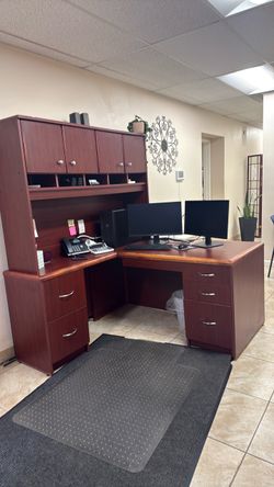 Office desk and bookshelf