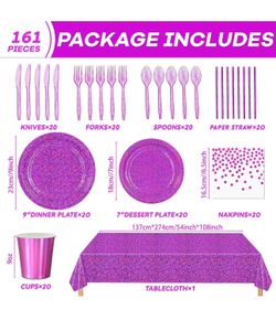 161Demon Hunter Holographic Laser Tablewares Kit, Pink Sparkling Iridescent Grad Decor for 20 Guests-Purple Party Supplies Paper Plates Napkins Cups