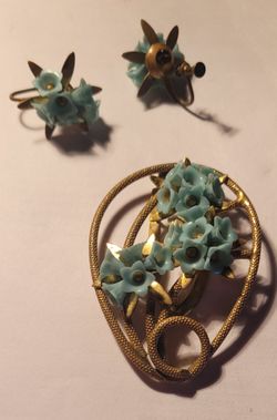 Vintage Blue Flower Brooch and Earring Set