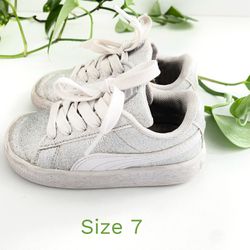 Girls Silver Glitter Puma Basket Glitz Sneaker Shoes Size 7C