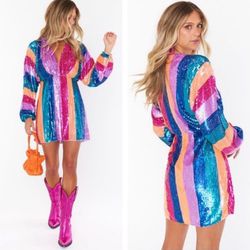 Show Me Your Mumu Kidman Colorful Rainbow Long Sleeve Stripe Sequin Mini Dress
