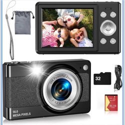 Digital Camera for Kids, FHD 1080P 56MP Autofocus Point and Shoot with 16X Zoom, 32GB TF Card, Battery, Flash, Face Detect, Anti Shake, Compact Travel