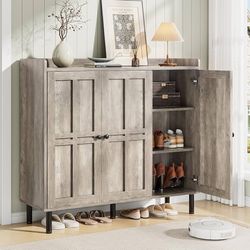 Shoe Cabinet with 3 Doors and Adjustable Shelves, 30 Pairs Shoe Storage Cabinet, 40 Inch Tall Farmhouse Shoe Rack Shoe Organizer Cabinet for Entryway 
