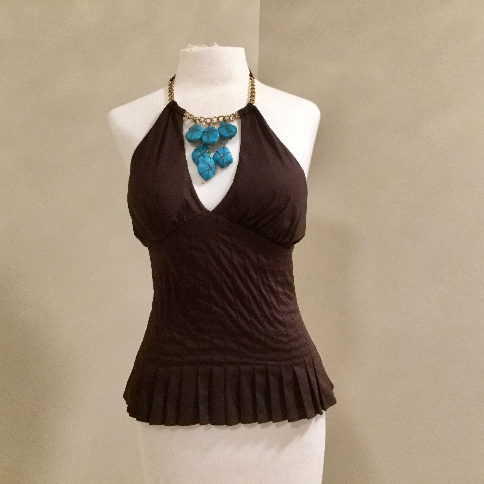 Bebe Brown Halter Top With Blue Accents