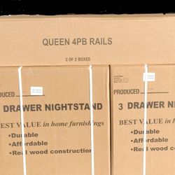 Queen 4 Poster bed Frame with 2 Large Nightstands-New In The Box