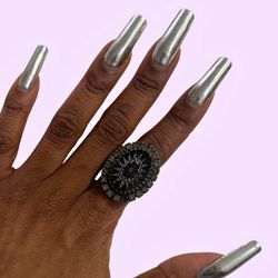 Vintage LZ Palacios SF Black Rhinestone Statement Ring Gothic Filigree