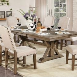 Brand New Rustic Light Oak & Beige 9pc Formal Dining Table Set 