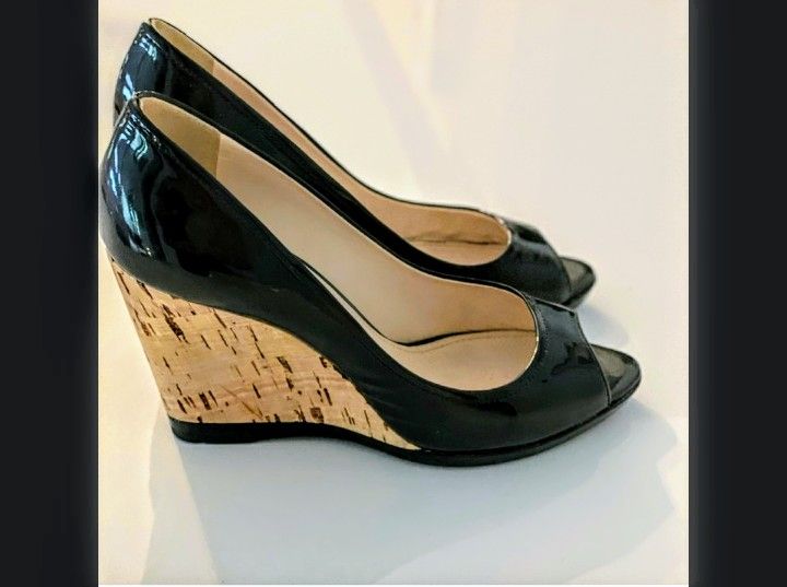 Prada Peeptoe Patent Wedges - 37.5