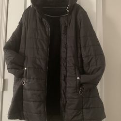 WOMENS BLACK FAUX LINED HOODED COAT