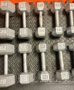 The Couple's Set... Cast Iron Hex Dumbbells: 5s, 8s, 10s, 12s, 15s, 20s, 25s and 30 pounders. Brute W= 250#