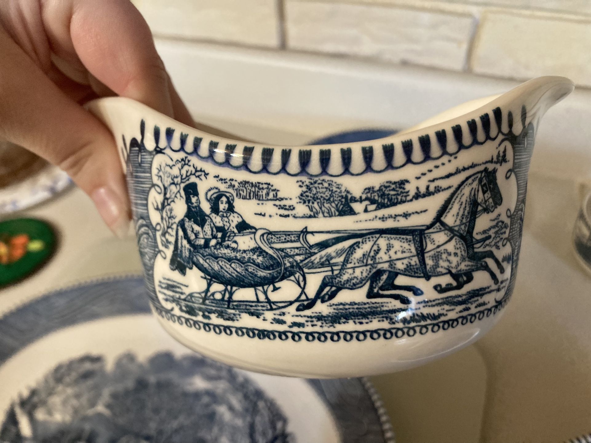 Currier and Ives gravy boat and dish (antique)