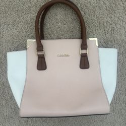 Calvin Klein Pink White Brown Leather Satchel Handbag Gold Hardware Structured