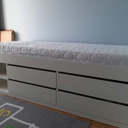 Excellent Condition Twin Bed Frame With Four Drawers, two cubbies and storage under the bed