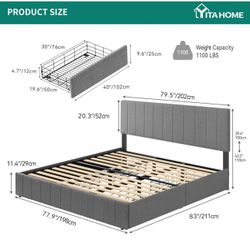 King Size Bed Frame, Upholstered Bed Frame with 4 Storage Drawers, Adjustable Headboard Plat