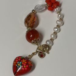 Bracelet w/ Ceramic Hand-Painted Heart Pendant