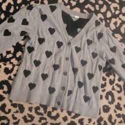 Gray Cardigan with Black Heart Pattern