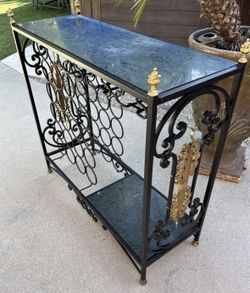 1950s French Hollywood Regency Gilt Iron and Green Marble Bar 35.75”x13”x34.25”