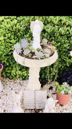 Concrete Birdbath with Succulents $190 (angel wings are LED)