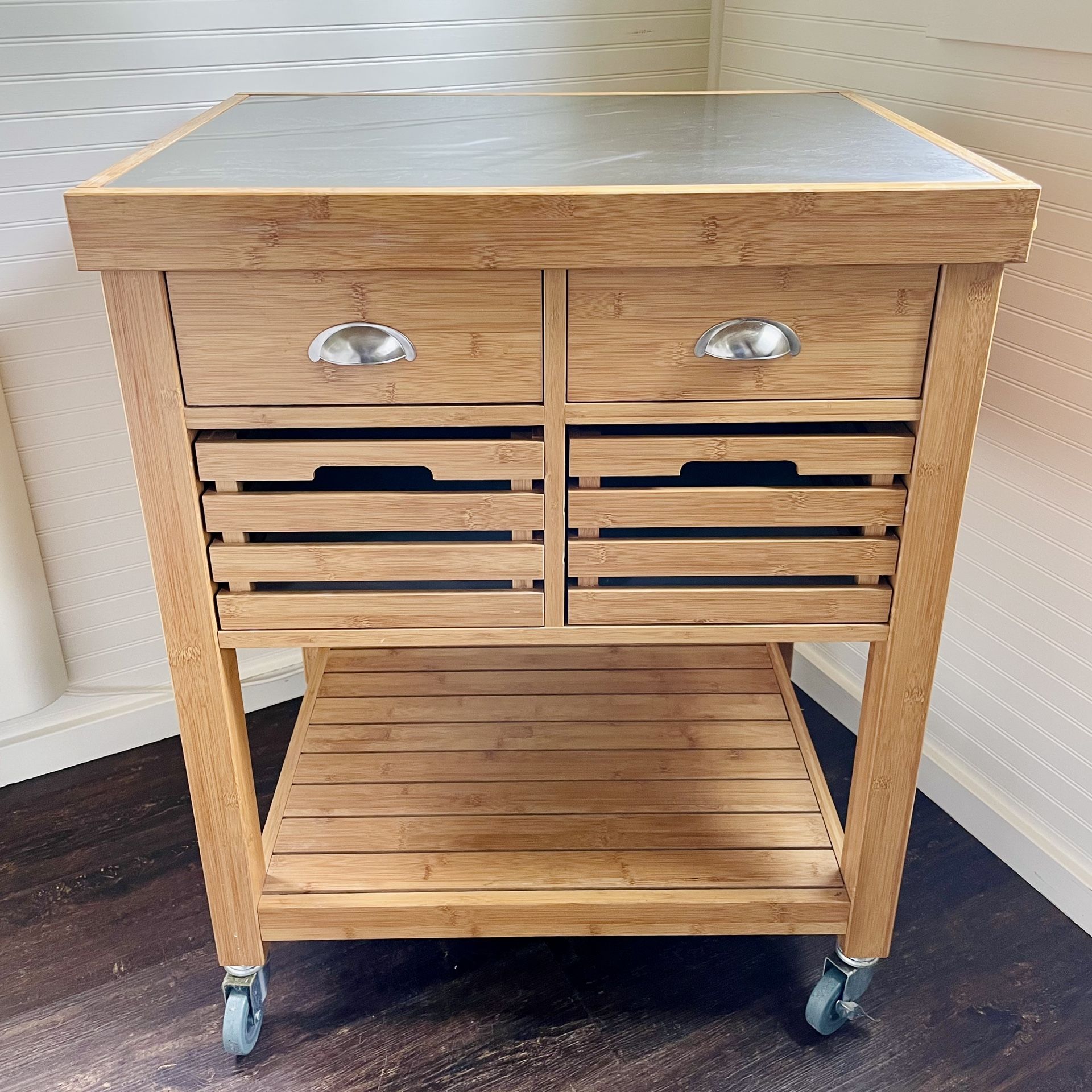 Wood Rolling Cart With Stainless Steel Top