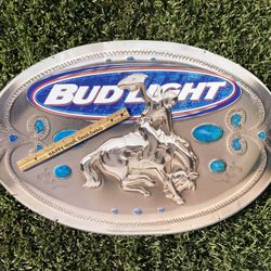 Rare Bud Light Rodeo Cowboy Vintage Beer Me tail Tin Bar Sign 