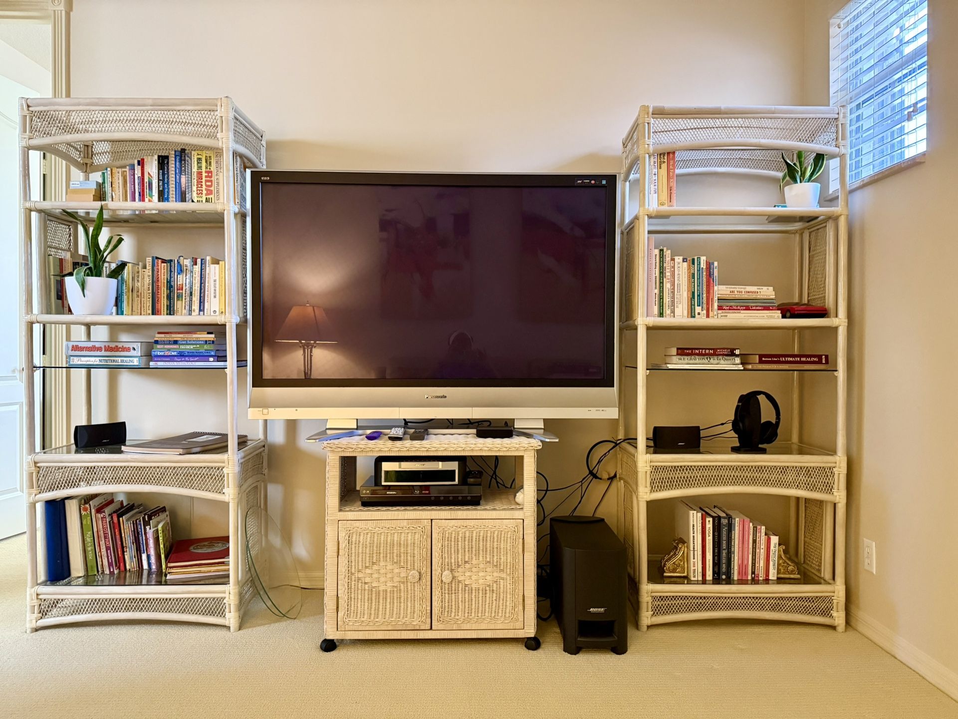 Wicker Book Cases, 60 inch TV and Stand, Blue Ray Player