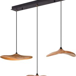 Kitchen Island Light Pendant Lighting, 3-Lights Farmhouse Linear Chandelier with Wooden Lampshade