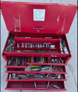 Red Metal Toolbox with Tools Included ā 6 Drawers