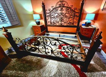 King Size Ornate Scrolling Decor  Metal and Wood Bed Frame