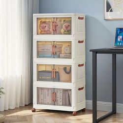 Portable Storage Cabinet with Wheels–Foldable Rolling Plastic Organizer with Transparent Door,Stackable Storage Box for Home,Office,Closet,Bathroom