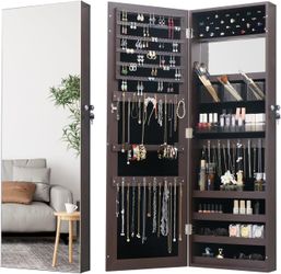 Full Length Mirror Jewelry Cabinet Organizer for Makeup and Jewelry, Lockable Door Wall-Mounted