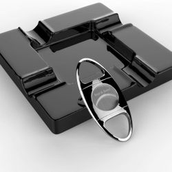 Band and Barrel Cigar Ashtray and Cutter - Luxury Ceramic Ash Tray and Chrome Guillotine Set for Cigars - Decorative Cigarette Holder - BRAND NEW
