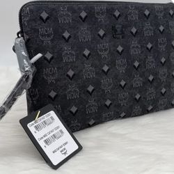 AUTH NWT $490 MCM Portuna Medium Logo Zip Top Wristlet Pouch Cluch In Dark Gray
